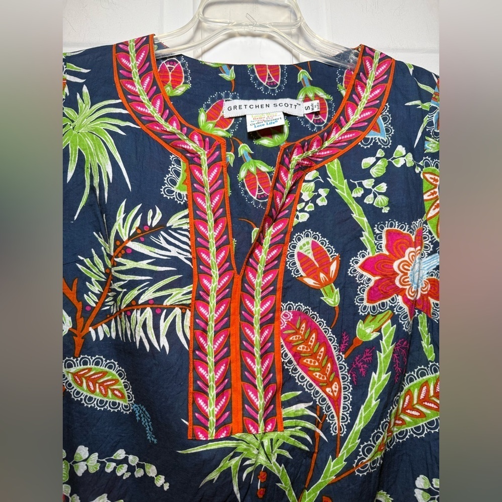 Gretchen Scott SMALL Princess Print Blouse Tunic Floral V Neck Navy Orange BOHO - Picture 2 of 7